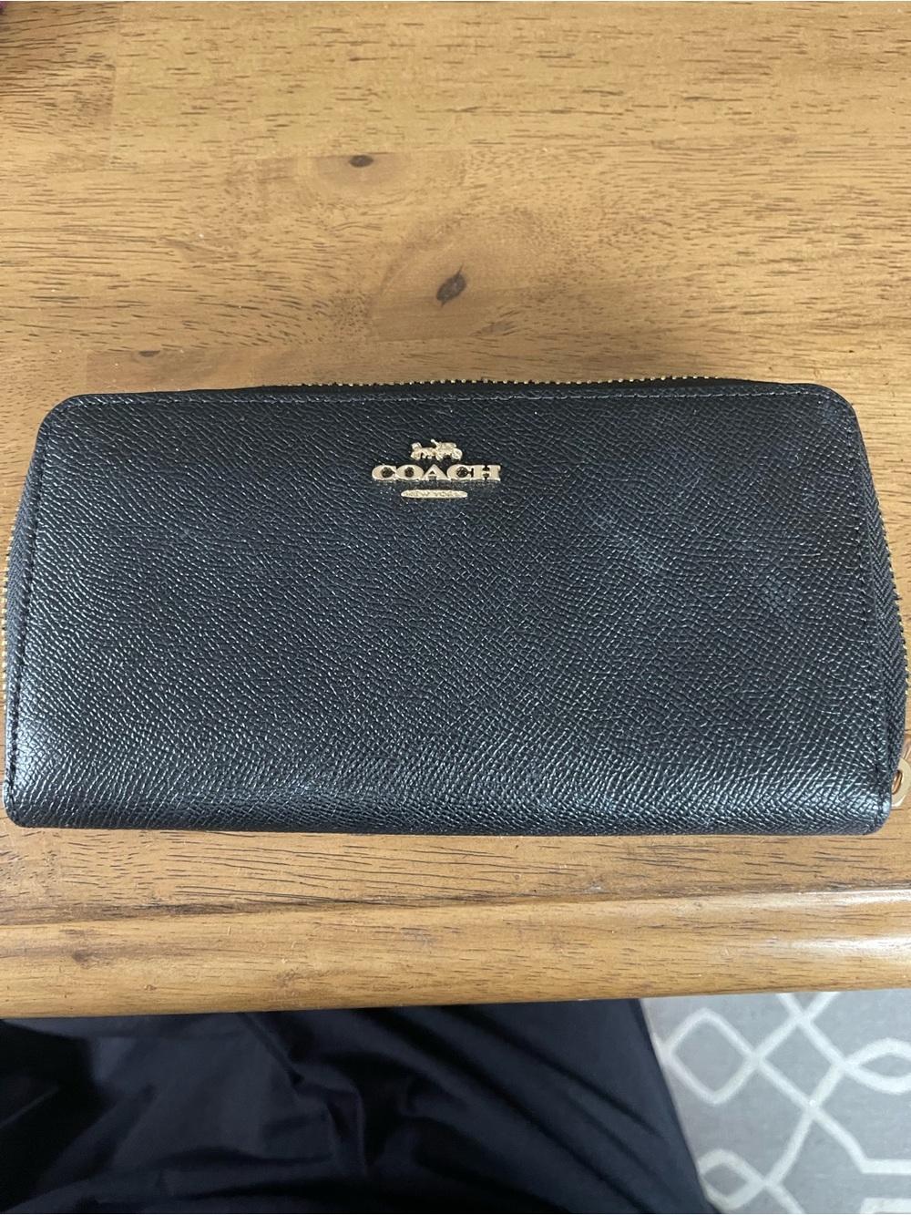 Coach Black Saffiano Zip-Around Leather Wallet with Gold Logo